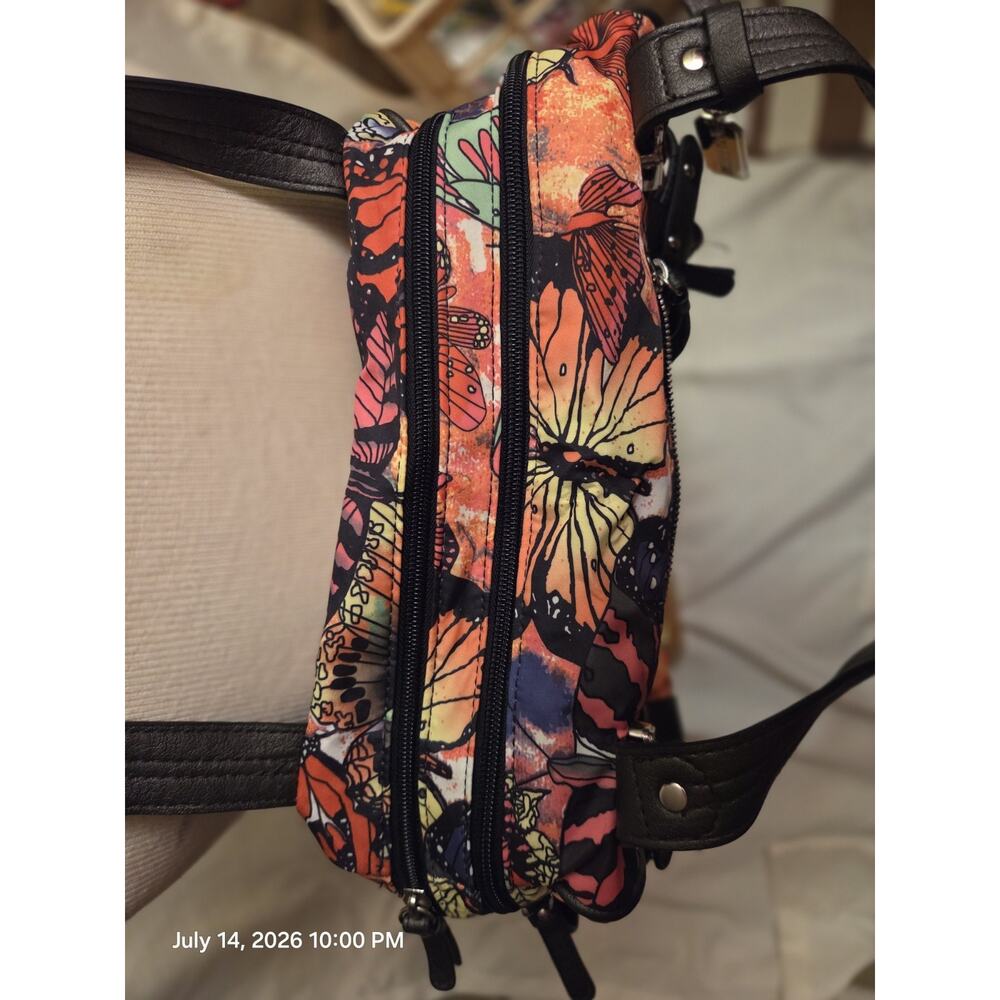 Rosetti Multicolor Butterfly Satchel Top Handle Bag Black Straps Zip Pockets - Picture 3 of 5